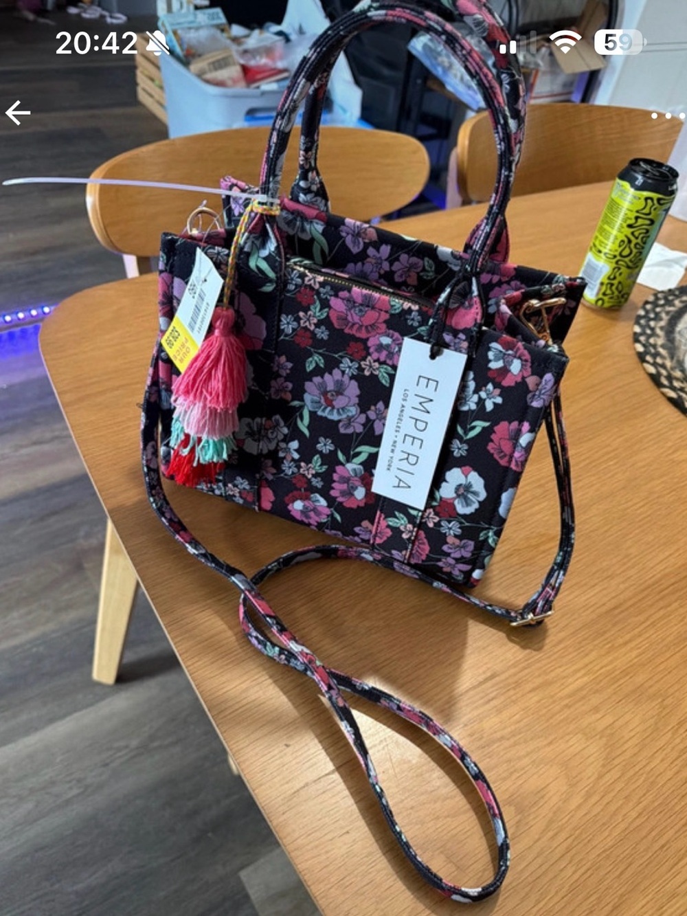 Emperia Black Floral Mini Satchel with Tassel Accent